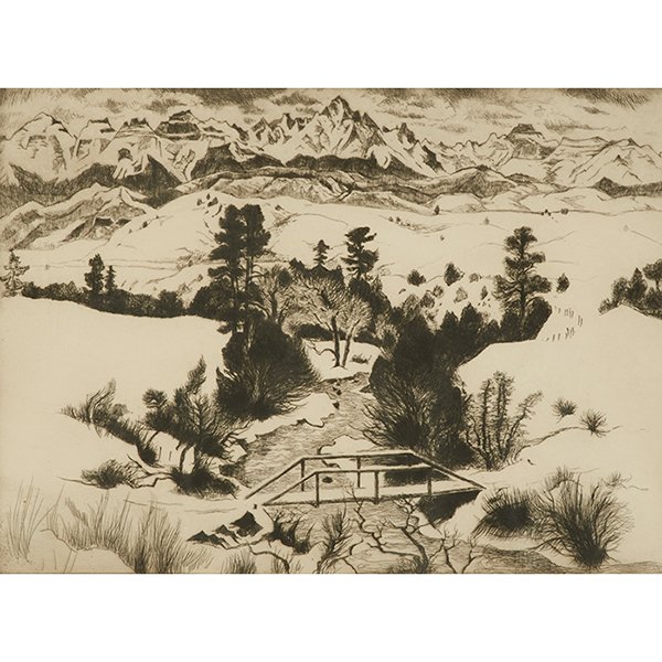 Gene Kloss, (American, 1903-1996), February in the: Gene Kloss, (American, 1903-1996), February in the Rockies, etching, signed, titled and numbered in pencil, edition of 75, 12.75" x 18"