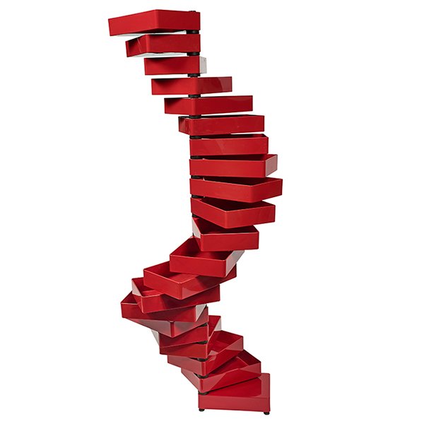 Shiro Kuramata (1934-1991) for Cappellini Revolving: Shiro Kuramata (1934-1991) for Cappellini, Revolving Cabinet, Italy, designed 1970, red acrylic plastic, metal, weighted base, signed on surface of base, 20 swiveling drawers, 14"w x 10"d x 75.5"h, Pr