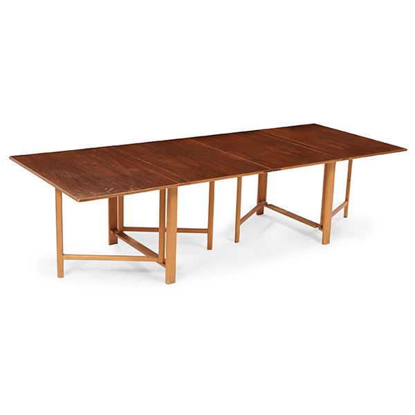 Bruno Mathsson for Karl Mathsson Maria dining table: Bruno Mathsson for Karl Mathsson, Maria dining table, Sweden, 1960s, teak, beech, signed with stamped marks, closed: 43.25"w x 9.25"d x 28.5"h; open: 110"d
