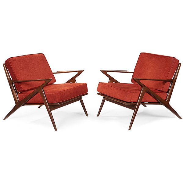 Poul Jensen for Selig Z chairs, pair 29.75"w x 24"d x: Poul Jensen for Selig, Z chairs, pair, Denmark, 1960s, beech, upholstery, each with Selig medallion, 29.75"w x 24"d x 29"h