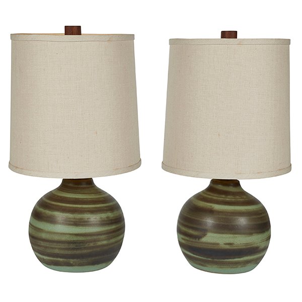 Gordon Martz (b. 1924) & Jane Marshall Martz: Gordon Martz (b. 1924) & Jane Marshall Martz (1929-2007) for Marshall Studios, table lamps, pair, Veedersburg, IN, USA, 1960s, glazed ceramic, original walnut finals, signed "Martz", shades not includ