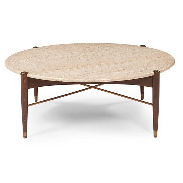Bruno Mathsson (1907-1988) for Dux coffee table 40"dia: Bruno Mathsson (1907-1988) for Dux, coffee table, Sweden, 1950s, travertine marble, oak, brass, Dux label, marble marked Made in Italy", 40"dia x 15"h