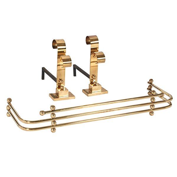 Art Moderne andirons and fender andirons: 6.5"w x 20"d: Art Moderne, andirons and fender, 1930s, brass, steel, unsigned, andirons: 6.5"w x 20"d x 16"h, fender: 42"w x 13.5"d x 7"h