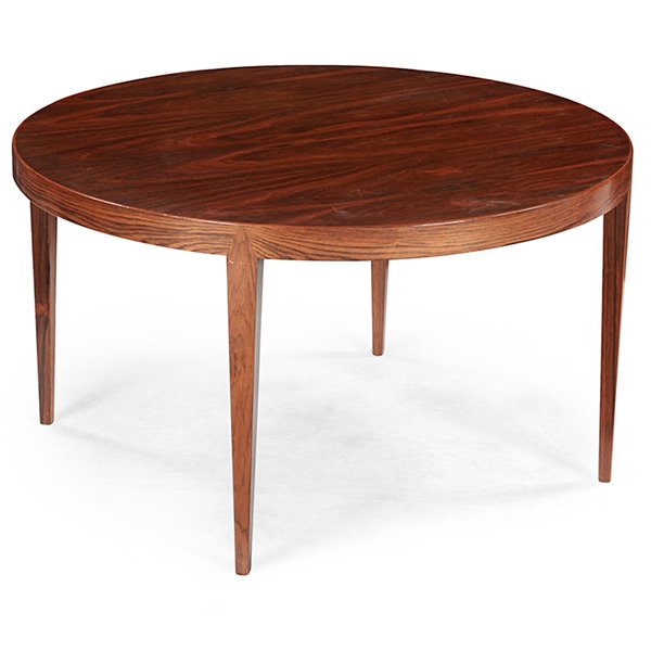 Severin Hansen for Haslev Mobelsnedkeri A/S coffee: Severin Hansen for Haslev Mobelsnedkeri A/S, coffee table, Denmark, 1960s, rosewood, round top, paper label and Made in Denmark stamp, 35.5"dia x 19.75"h Provenance: Provenance:The Collection of Antho