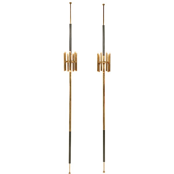Lightolier tension floor lamps, pair 8"dia x 98"h: Lightolier, tension floor lamps, pair, USA, 1950s, brass, enameled metal, unsigned, 8"dia x 98"h