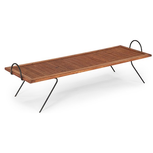 After the Katavolos, Littell and Kelley design for: After the Katavolos, Littell and Kelley design for Laverne Originals, Do It Yourself coffee table / bench, USA, 1950s, wood, wood dowels, iron, unsigned, 48"w x 16"d x 10"h