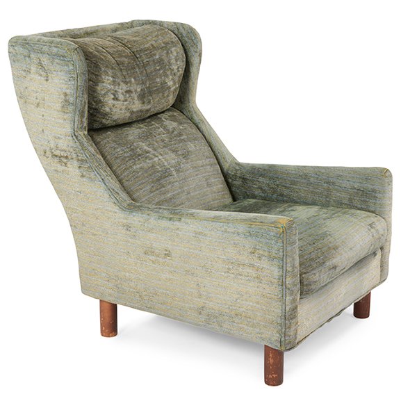 Milo Baughman for Selig, attribution lounge chair 32"w: Milo Baughman for Selig, attribution, lounge chair, USA, 1950s/60s, original upholstery, wood, signed, 32"w x 39"d x 38"h