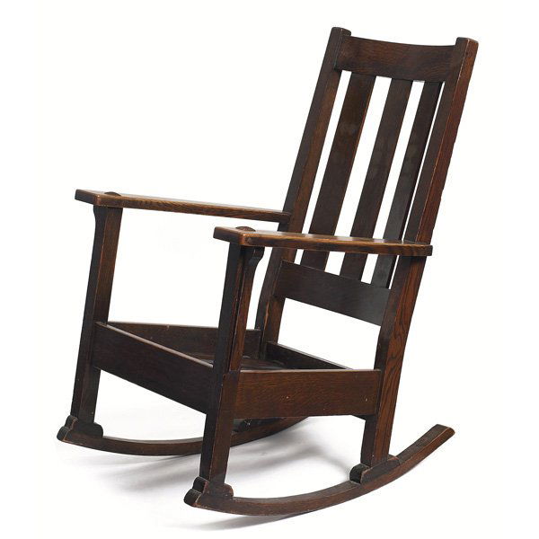 Limbert rocker: Limbert rocker, original finish, marked, 22" x 21" x 27", normal wear, has floral cloth cushions