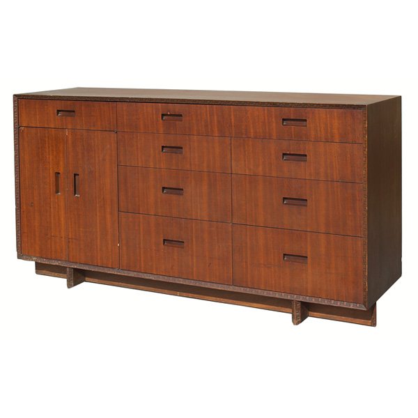 Frank Lloyd Wright sideboard: Frank Lloyd Wright sideboard, manufactured by Heritage Henredon, Taliesin design, signed, original finish, 66.5"w x 20.5"d x 35"h, some minor veneer chips and scratches, wear to finish, nicks to edges