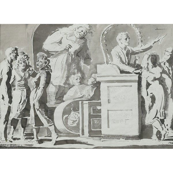 Reginald Marsh, Fun in the Dark, watercolor and in: Reginald Marsh (American, 1898-1954), "Fun in the Dark", c. 1950; watercolor and ink/paper, (double-sided), 21" x 29.5", signed and dated. Provenance: The collection of Senator William Benton.