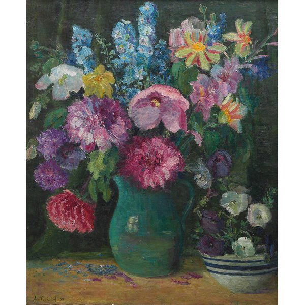 Ann Guillot, Floral Still Life ,oil: Ann Guillot (American, b. 1875), "Floral Still Life ", c.1924; oil/canvas, 30" x 25", signed and dated. Dallas painter. Guillot studied with Daniel Garber and W.S. Robinson. She was a member of the Da