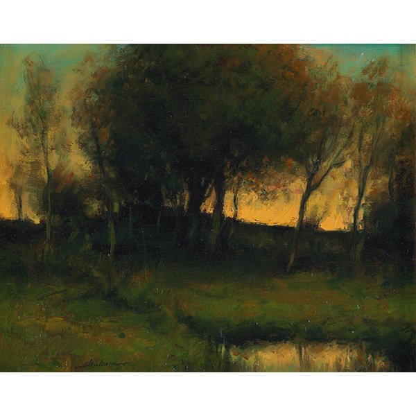 Dennis Sheehan, Dusk, oil: Dennis Sheehan (American, contemporary), "Dusk", c. 2005; oil/canvas, 8" x 10", signed. Contemporary landscape painter whose work is inspired by George Inness and other artists of the19th century. She