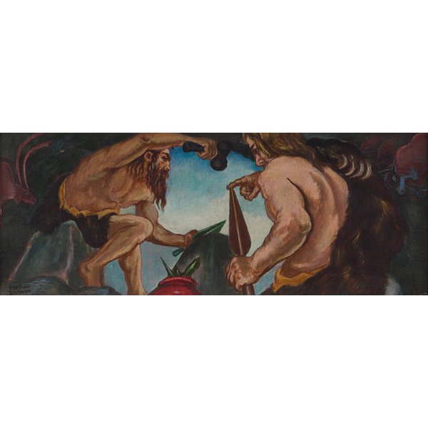 Bertram A. Goodman, Vita Kaps, oil: Bertram A. Goodman (American, 1904-1988), "Vita Kaps", c.1940; oil/canvas, 8" x 24", signed; titled verso. Student of Benton and Mahonri Young. He exhibited throughout the 1930s-40s. His style was som