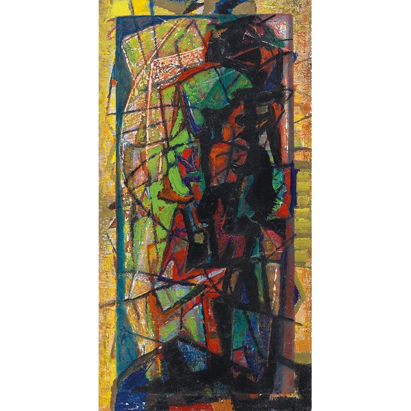 Mario de Ferrante, Abstraction, particle board: Mario de Ferrante (Italian/American, 1898-1992), "Abstraction", c.1960-70; particle board, 24" x 12", signed