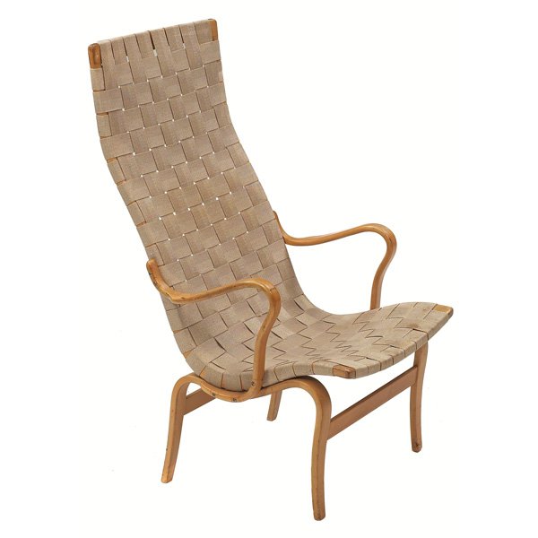 Bruno Mathsson high-back Eva chair: Bruno Mathsson high-back Eva chair, by Karl Mathsson, Sweden, bentwood beech frame with woven sling seat, burned mark "Karl Mathsson Sweden" and paper label from Scandinavian Design, E. 53rd St., NY,