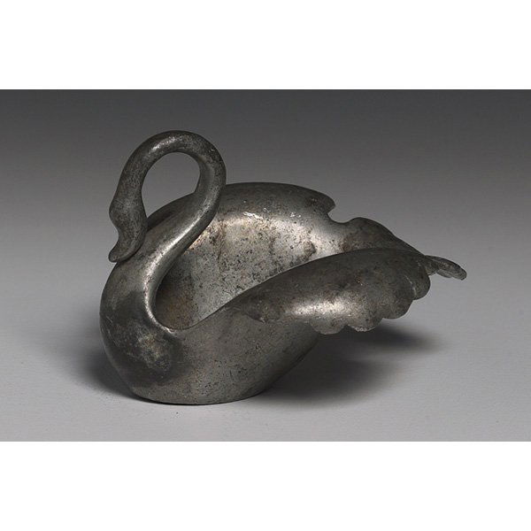 Russel Wright Swan nut cup: Russel Wright Swan nut cup, c.1930, silver-plated lead form with stamped signature [30] on bottom, 3.5"w x 3.5"d x 2.5"h, some wear to finish, good condition