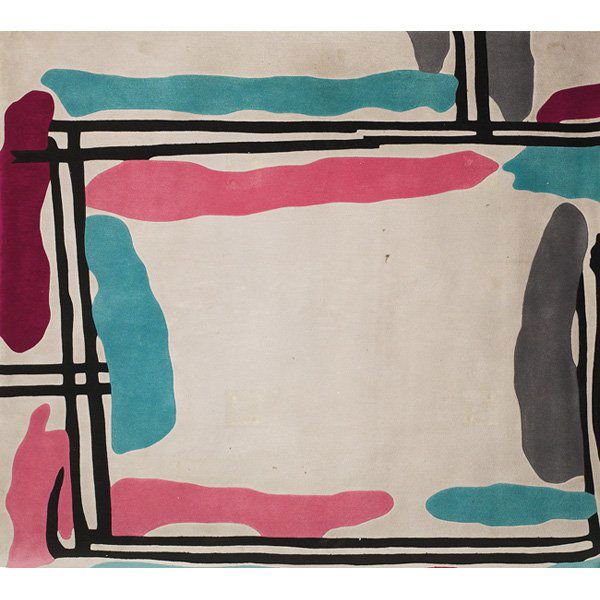 Edward Fields rug: Edward Fields rug, USA, wool, pink, turquoise, black and magenta on a light gray field, marked on edge "Edward Fields", 102" x 96", very good condition