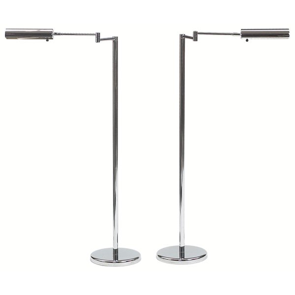 Kovacs floor lamps, pair: Kovacs floor lamps, pair, 1980s, chromed steel form with adjustable arm and shade, unmarked, 44"h, excellent condition
