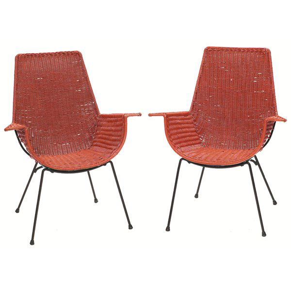 Raymor lounge chairs, attribution, pair: Raymor lounge chairs, attribution, pair, 1950s, wicker seats with flared armrests over black wrought-iron frames, 31.25"w x 26"d x 38.5"h, repainted, very good condition