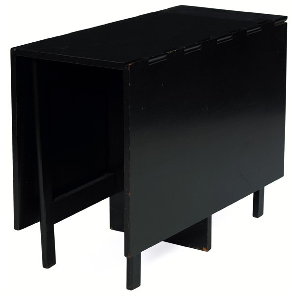 George Nelson Gateleg dining table: George Nelson Gateleg dining table, by Herman Miller, ebonized birch form with two drop sides and center support, as shown: 40"w x 18.5"d x 29.75"h, when fully open: 64.5"d, refinished, shows wear, go