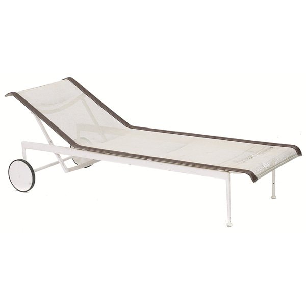 Richard Schultz Adjustable Chaise: Richard Schultz Adjustable Chaise, by Knoll, white coated aluminum frame on two wheels supports browRichard Schultz outdoor dining table, by Knoll, white coated aluminum frame supports white enameled