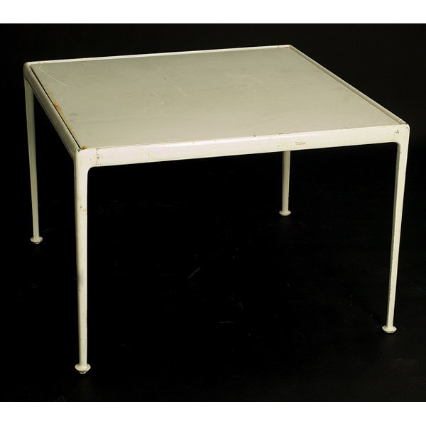 Richard Schultz outdoor dining table: Richard Schultz outdoor dining table, by Knoll, white coated aluminum frame supports white enameled steel top, 38"w x 38"d x 26"h, some rust, good condition