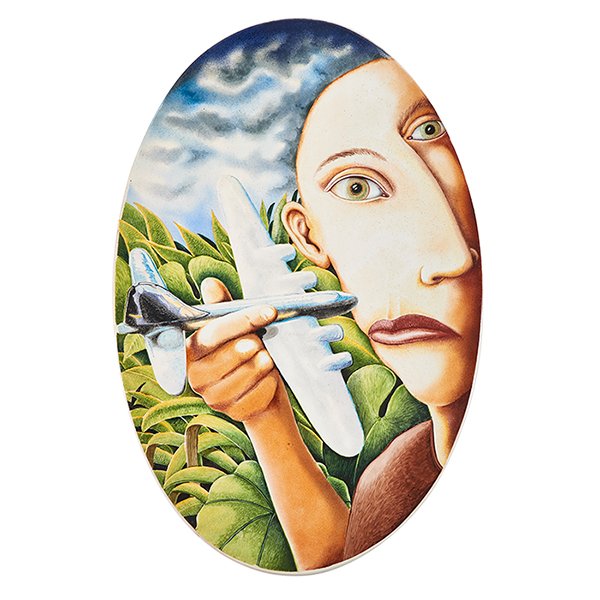 Kurt Weiser (American, b. 1950), Airplane Woman, china: Kurt Weiser (American, b. 1950), Airplane Woman, china painted porcelain, signed, 20.75"h x 13.75"w x 2"d Provenance: NCECA Charity Auction