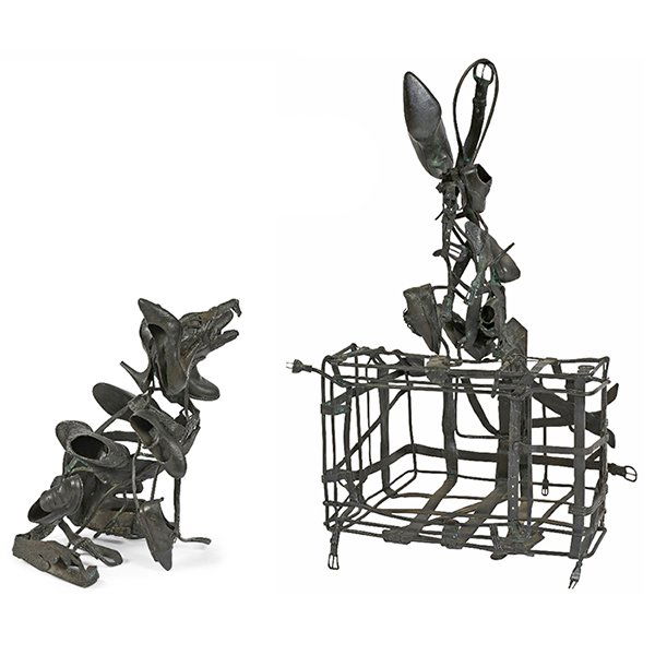 Ken Little (American, b. 1947), Roof/Spy, 1999, bronze,: Ken Little (American, b. 1947), Roof/Spy, 1999, bronze, signed and dated, largest: 45"h x 27"w x 22"d,