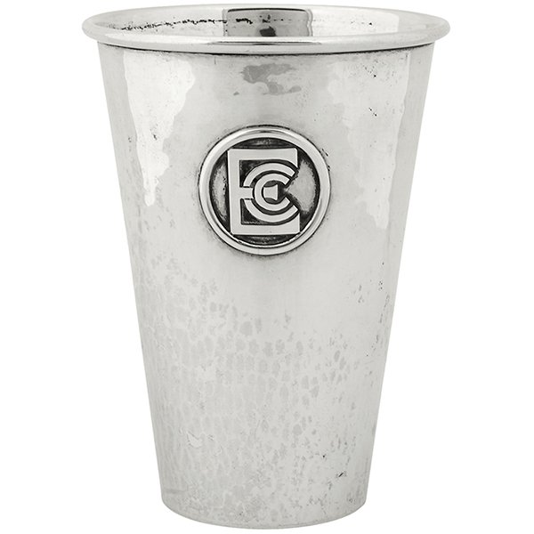 Julius Olaf Randahl (1880-1972), Exmoor Country Club: Julius Olaf Randahl (1880-1972), Exmoor Country Club trophy tumbler / beaker, Chicago, IL, sterling silver, stamped marks, applied logo, 3 3/8"dia x 4 5/8"h