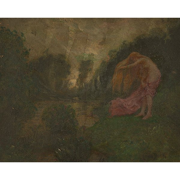 Claude Buck, (American, 1890-1974), Nude by a Stream,: Claude Buck, (American, 1890-1974), Nude by a Stream, oil on artist board, signed lower right, 14" x 18"