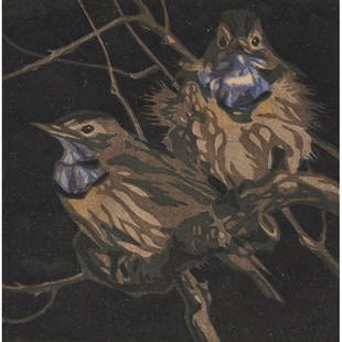 Norbertine Bresslern-Roth, (Austrian, 1891-1978), Two: Norbertine Bresslern-Roth, (Austrian, 1891-1978), Two Birds in a Tree, color linocut, signed in pencil, 5" x 4.75"