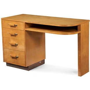 Eliel Saarinen  Johnson Furniture Co. desk model E20: Eliel Saarinen (1873-1950) for Johnson Furniture Co., Flexible Home Arrangement Desk, model E20, Grand Rapids, MI, c. 1939, birch, painted wood, Johnson Furniture CO branded mark, 48"w x 21"d x 30.25"