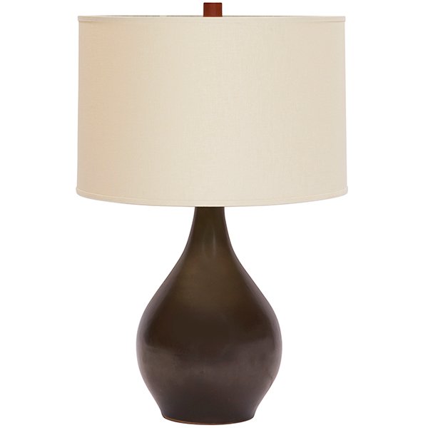 Gordon & Jane Martz Marshall Studios Good Design lamp: Gordon Martz (b. 1924) & Jane Marshall Martz (1929-2007) for Marshall Studios, table lamp, model 101, Veedersburg, IN, USA, 1960s, glazed ceramic, walnut finial, cloth shade, incised "Martz" with pape