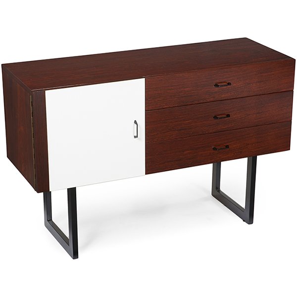 Dieter Waeckerlin attributed small rosewood cabinet: Dieter Waeckerlin, attribution, small cabinet, Switzerland, 1960s, rosewood, laminate, signed with Mobel Berger Wien label, 37.5"w x 14.5"d x 25.5"h