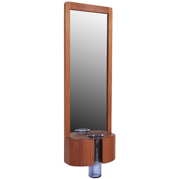 Randers Mobelfabrik mirror with Holmegaard glass vase: Randers Mobelfabrik, wall mirror, Denmark, 1960s, teak, with blue Holmegaard glass vase, each piece signed, 8"w x 3.5"d x 25.75"h