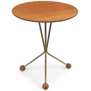 Albert Larsson for Alberts Mobel Table in a Jar: Albert Larsson for Alberts Mobel, Table in a Jar occasional table, Sweden, 1952-1953, mahogany, teak, brass, stamped mark, these tables were originally packaged for sale in a cylindrical paper jar, 15