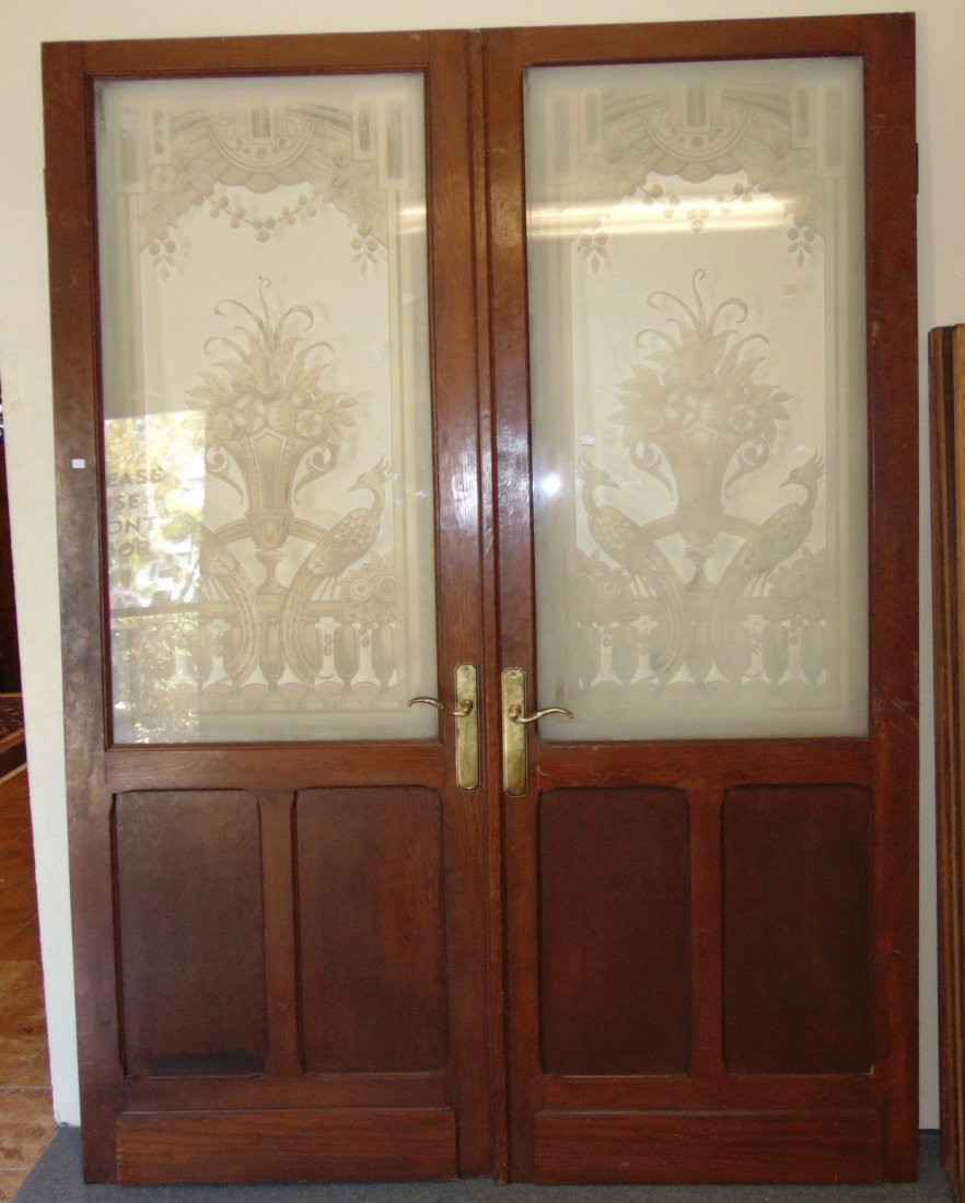 Pair (2) of Vintage Pine & Etched Glass Doors (1 of 7)