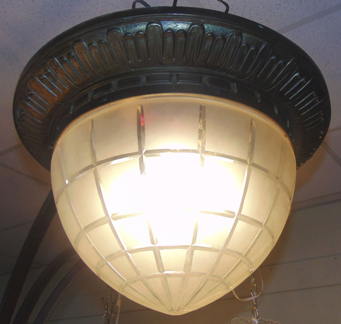 Antique Art Deco Flush Mount Light Fixture: Antique Art Deco Brass and Cut Frosted Glass Flush Mount Light Fixture. Circa 1930's. Measures 12" tall x 20" wide. Condition is Excellent. No Damage. Starting Bid $300.