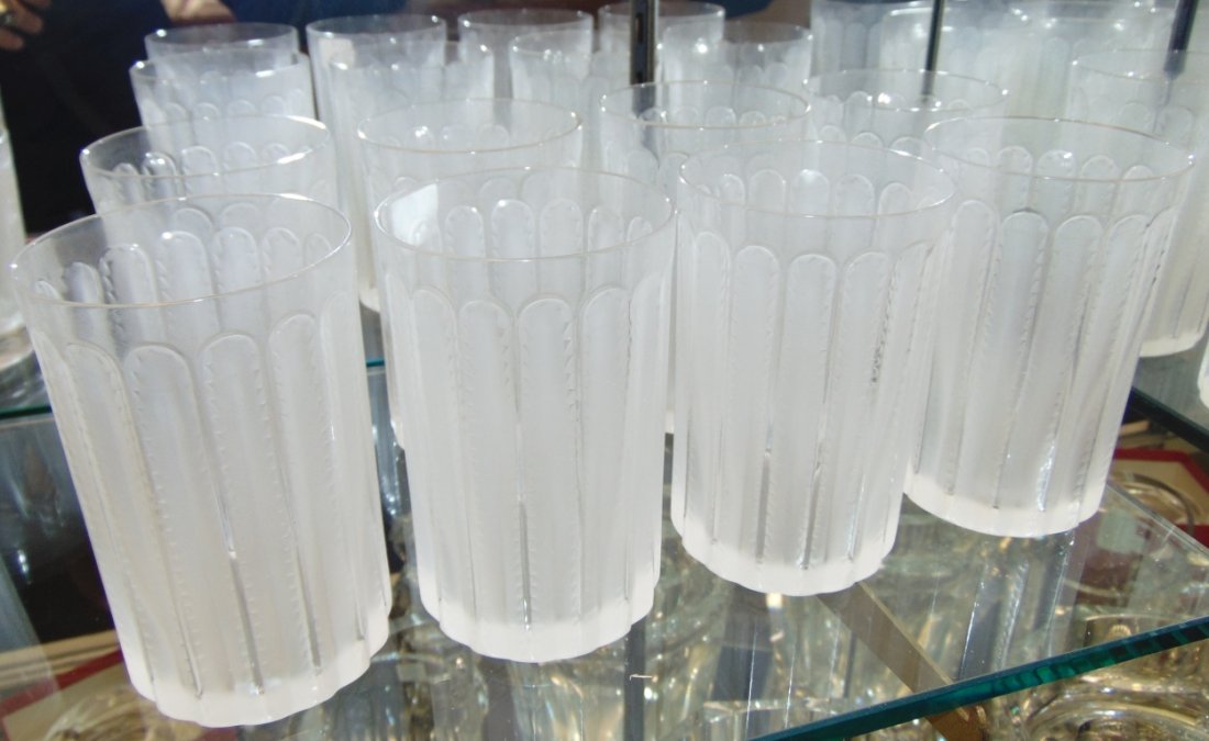 Set of 8 Lalique French Crystal Jaffa Tumblers: Set of 8 Lalique French Crystal Jaffa Tumblers. Each measures 5" tall. Condition is very good to excellent. No Damage at all. Starting Bid $500 for 8.