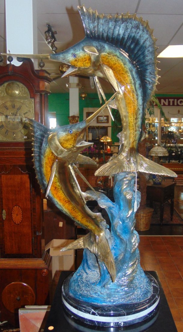 Lg Bronze Marlin & Sailfish Sculpture on a Marble Base (1 of 8)