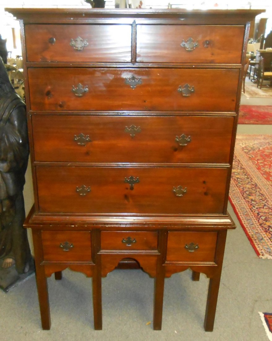 Vintage Pine Highboy Dresser signed Bernard S. Delin: Vintage Pine Highboy Tall Chest of Drawers by Bernard S. Delin, Bedminster,PA. Signed. Measures 44" wide x 22" deep x 72" tall. Loads of storage with 8 drawers. Original hardware. Condition is very go