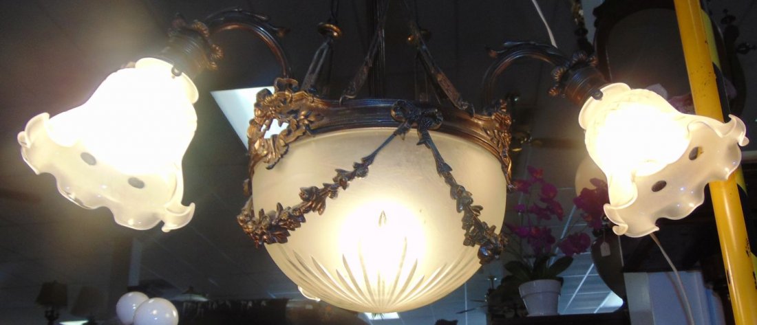 Antique French Bronze 3 Arm Chandelier (1 of 10)