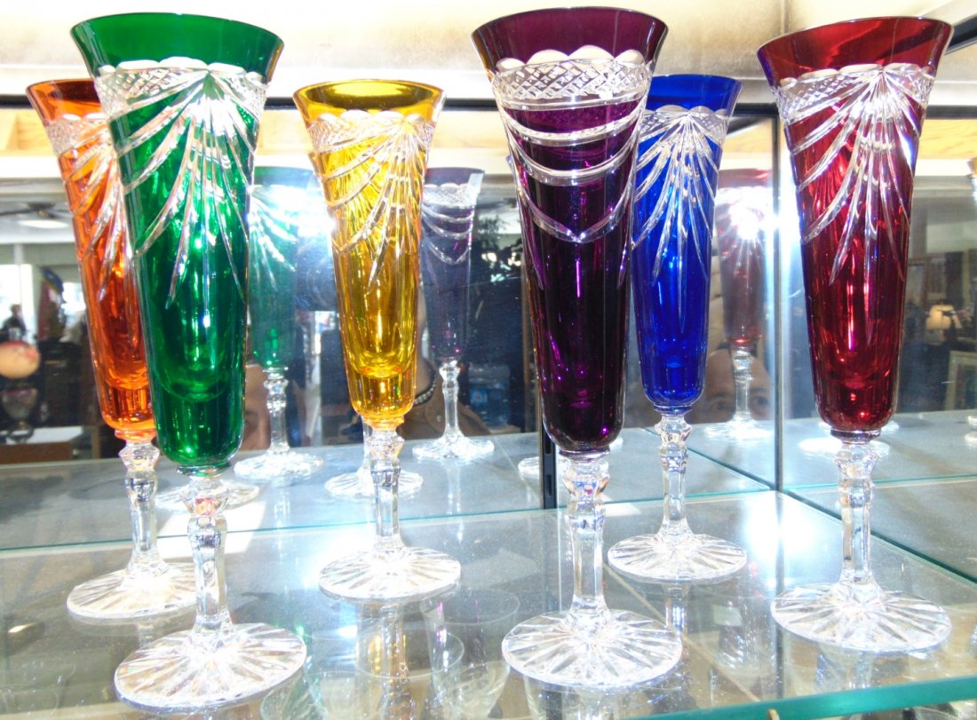 Set of 6 Multi Color Cut Crystal Champagne Glasses (1 of 5)