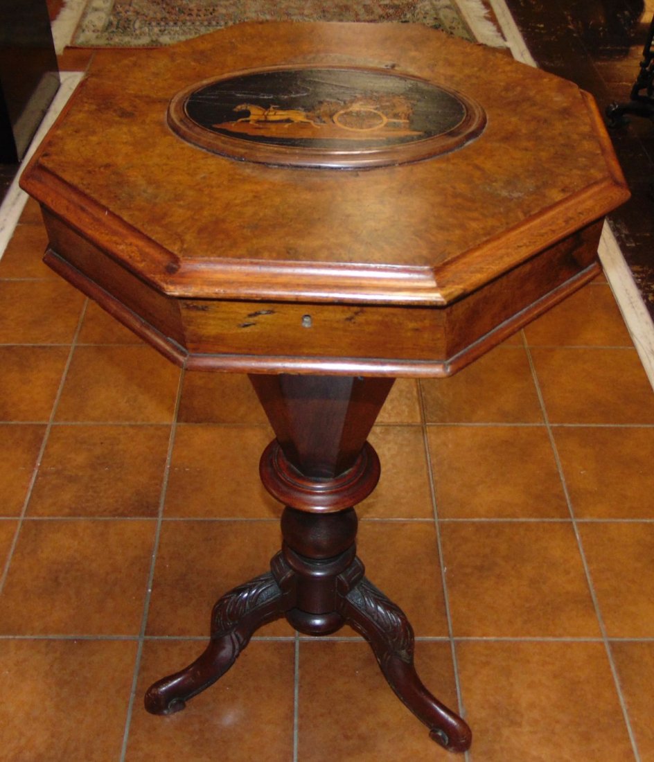 RARE Antique Inlaid Walnut Trumpet Sewing Stand (1 of 10)