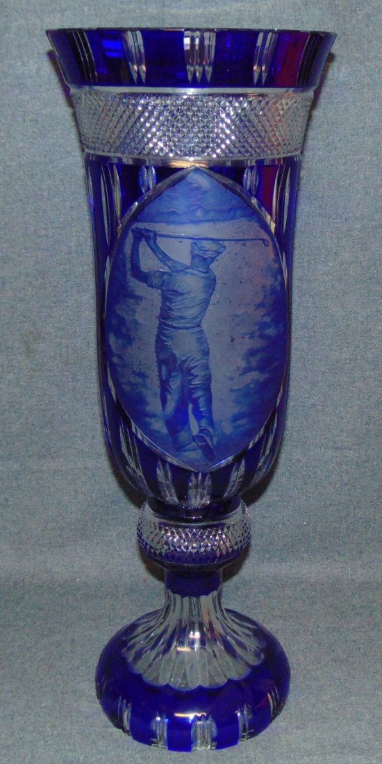 European Cobalt Cut & Etched Crystal Vase with Golfer (1 of 6)