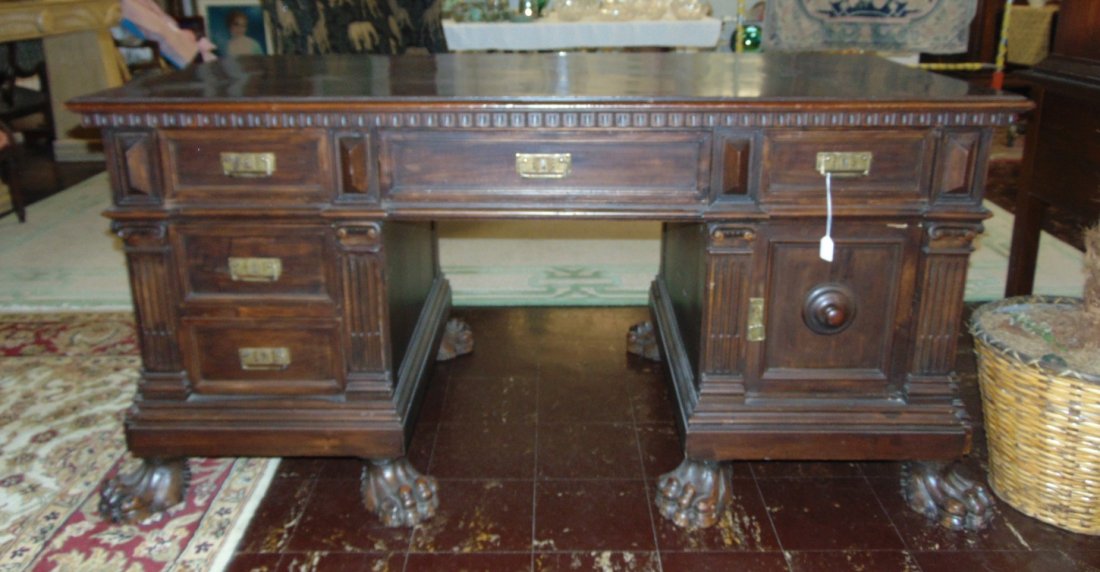 Antique Walnut Pedestal Desk with Lions Paw Feet (1 of 10)