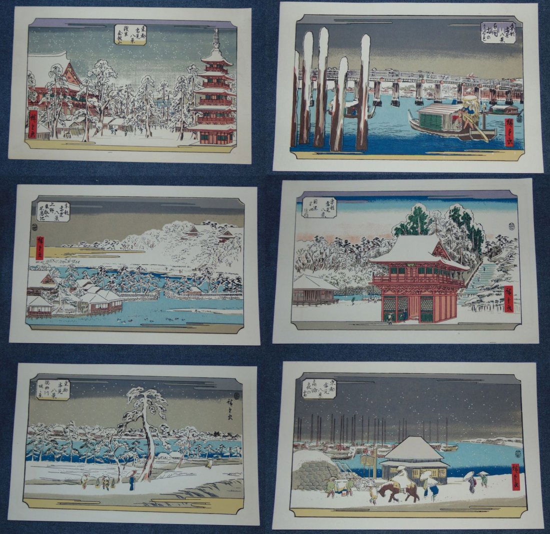 6 Original Hiroshige Japanese Snow Scene Prints (1 of 9)