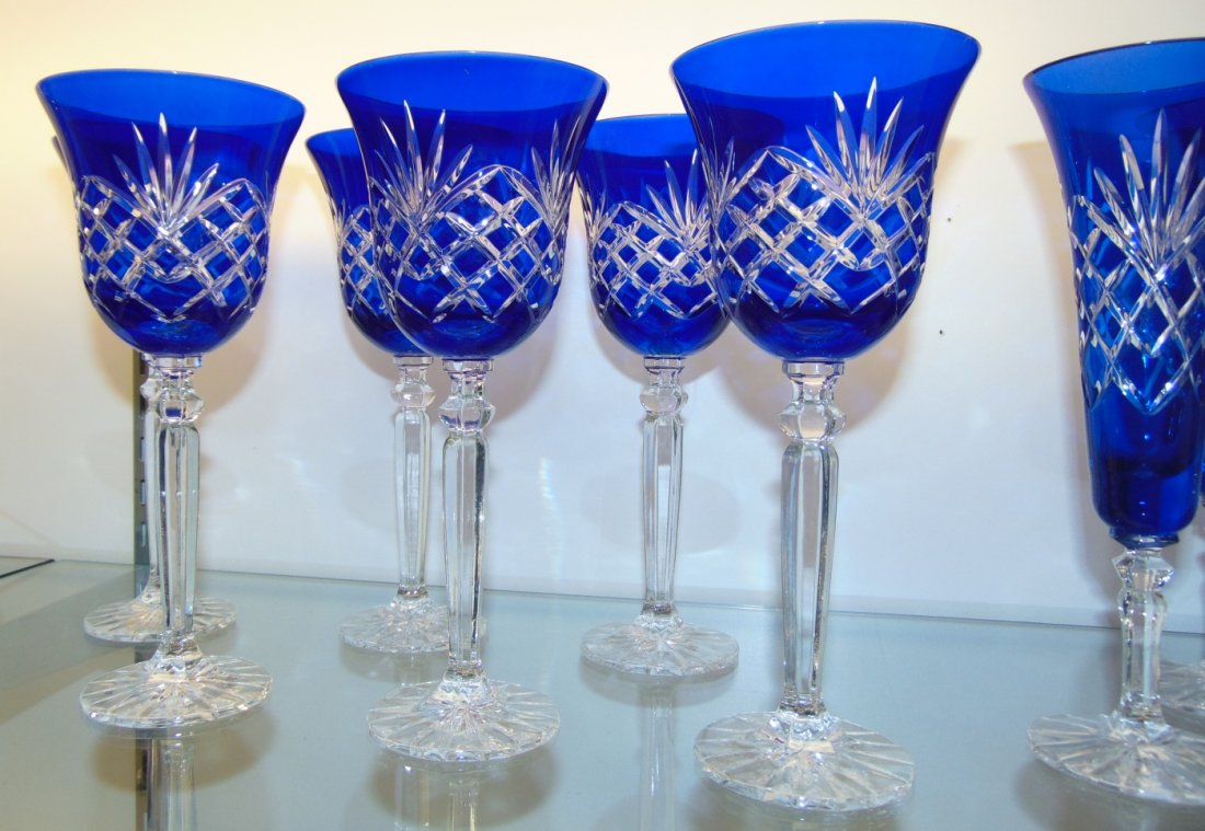 6 Cobalt Bohemian Cut to Clear Crystal Wine Glasses