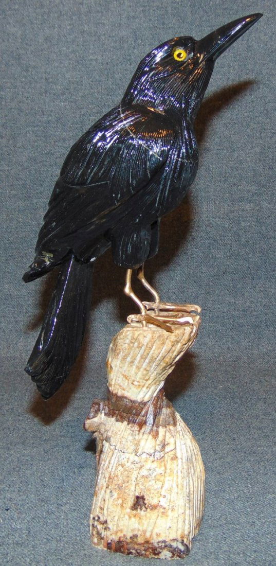 Carved Onyx & Semi-Precious Stone Black Crow Sculpture (1 of 6)