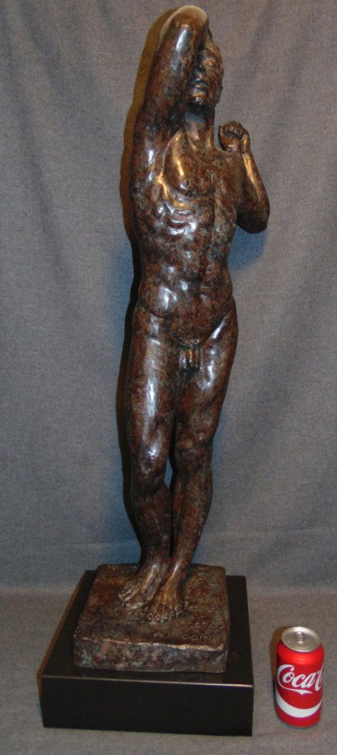"Age of Bronze" Male Nude Sculpture Auguste Rodin: Beautiful "Age of Bronze" Male Nude Sculpture on Thick Marble Base after Auguste Rodin (1840-1917). Signed and dated 1876. Measures 38" tall. Marble Base is 11-1/2" deep x 11-1/2" wide x 3-1/4" thick.